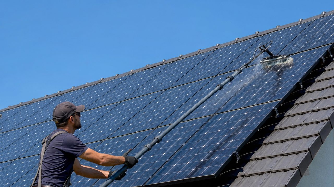 Nettoyage d'un panneau photovoltaïque au balai télescopique sur un toit