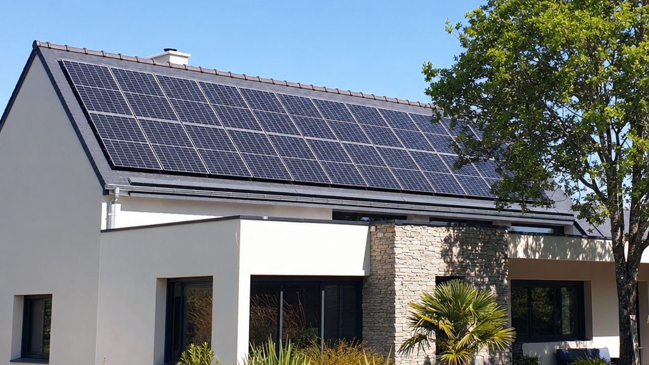 Panneaux photovoltaïques sur une maison française, héritage du Grenelle de l'environnement